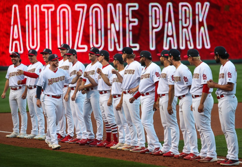 <strong>The 2022 Memphis Redbirds are introduced at AutoZone Park shortly before the first pitch on opening day.</strong> (Patrick Lantrip/Daily Memphian)