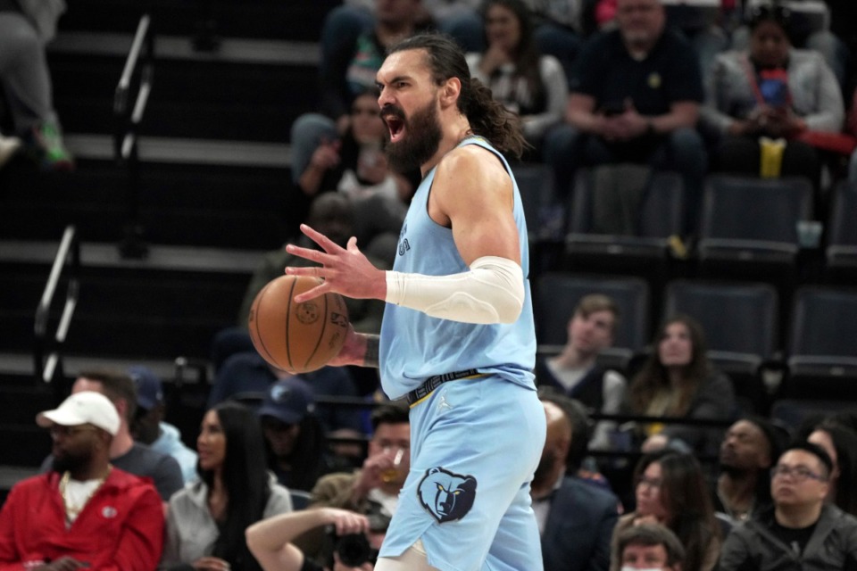 <strong>Memphis Grizzlies' Steven Adams reacts to a call in the first half of an NBA basketball game against the Golden State Warriors, Monday, March 28, 2022, at FedExForum.</strong> (AP Photo/Karen Pulfer Focht)