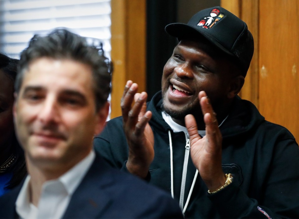 <strong>Former Memphis Grizzlies player Zach Randolph cheers during a ceremony after the team unveiled new spaces at Rozelle Elementary School on Friday, April 8.&nbsp;&ldquo;It&rsquo;s always great to come back. This is home for me ... ,&rdquo; he said.</strong> (Mark Weber/The Daily Memphian)