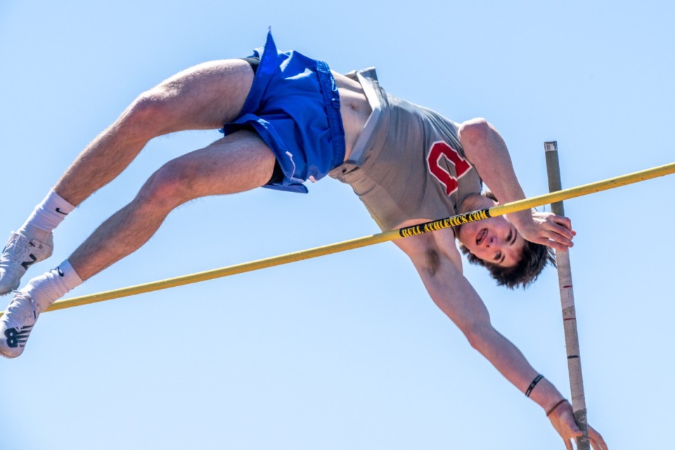 <strong>Memphis University School's Wyatt Solberg clears 13'4" in the pole vault during the Houston Track &amp; Field Classic, Saturday, April 9, 2022, at Houston High School.</strong> (Greg Campbell/Special to The Daily Memphian)