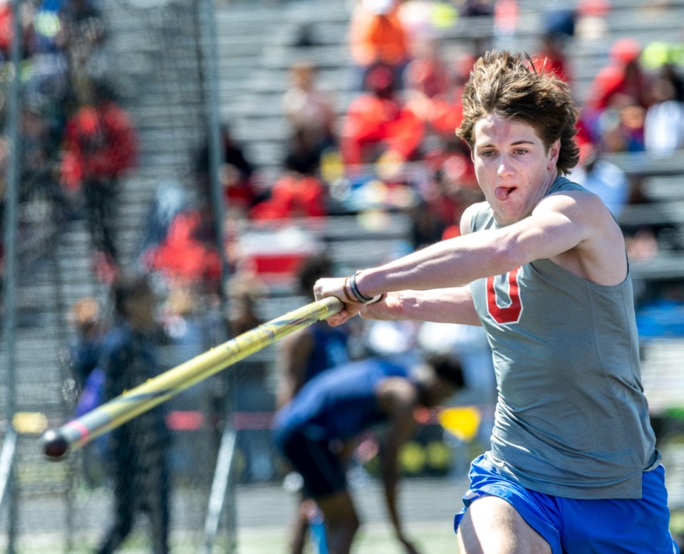 <strong>Memphis University School's Wyatt Solberg approaches the jump in the pole vault during the Houston Track &amp; Field Classic, Saturday, April 9, 2022, at Houston High School. Solberg cleared 13'4" to win the competition.</strong> (Greg Campbell/Special to The Daily Memphian)