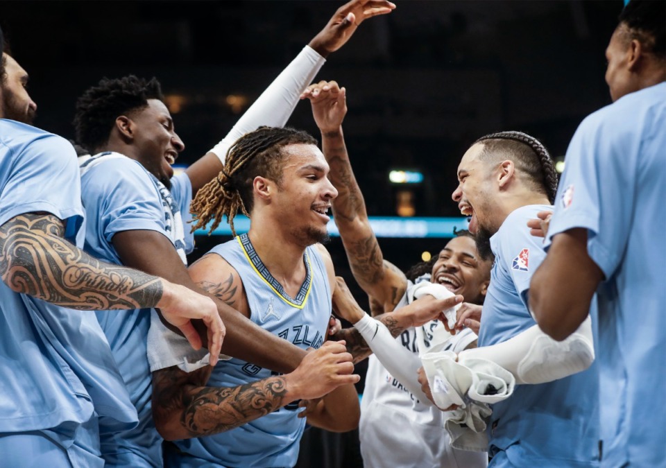 <strong>Memphis Grizzlies forward Brandon Clarke (middle) celebrates with his teammates after making a shot against the New Orleans Pelicans during action on Saturday, April 9, 2022.</strong> (Mark Weber/The Daily Memphian)