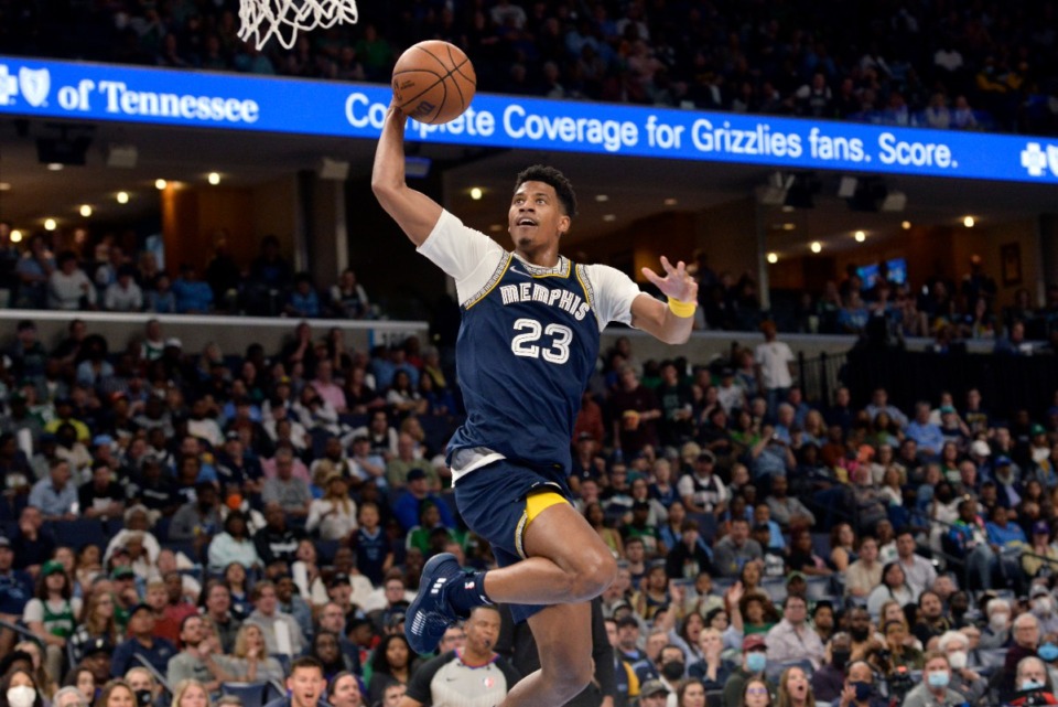 <strong>Memphis Grizzlies guard Jarrett Culver (23) jumps to shoot in the first half of an NBA basketball game against the Boston Celtics Sunday, April 10, 2022, at FedExForum.</strong> (AP Photo/Brandon Dill)