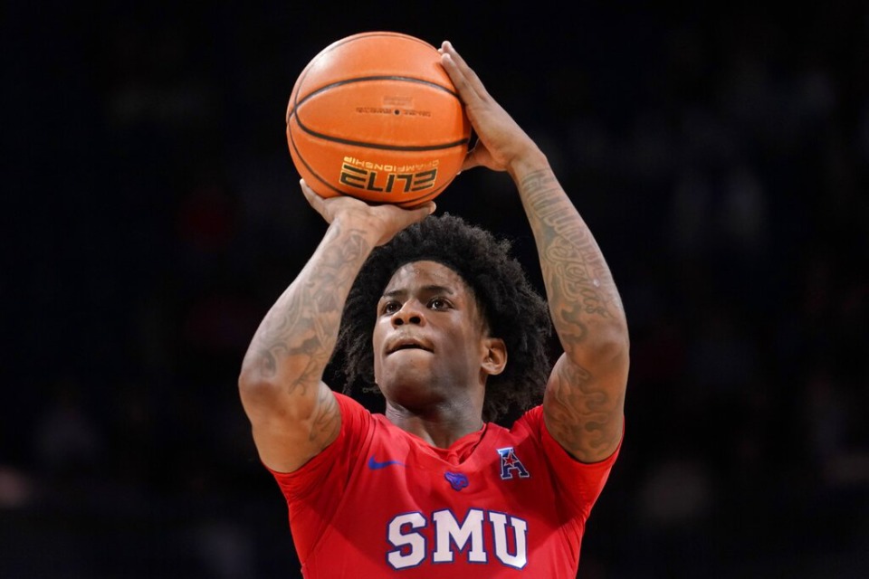 <strong>SMU guard Kendric Davis shoots free throws during an NCAA college basketball game against Memphis in Dallas, Sunday, Feb. 20, 2022.</strong> (AP Photo/Tony Gutierrez)