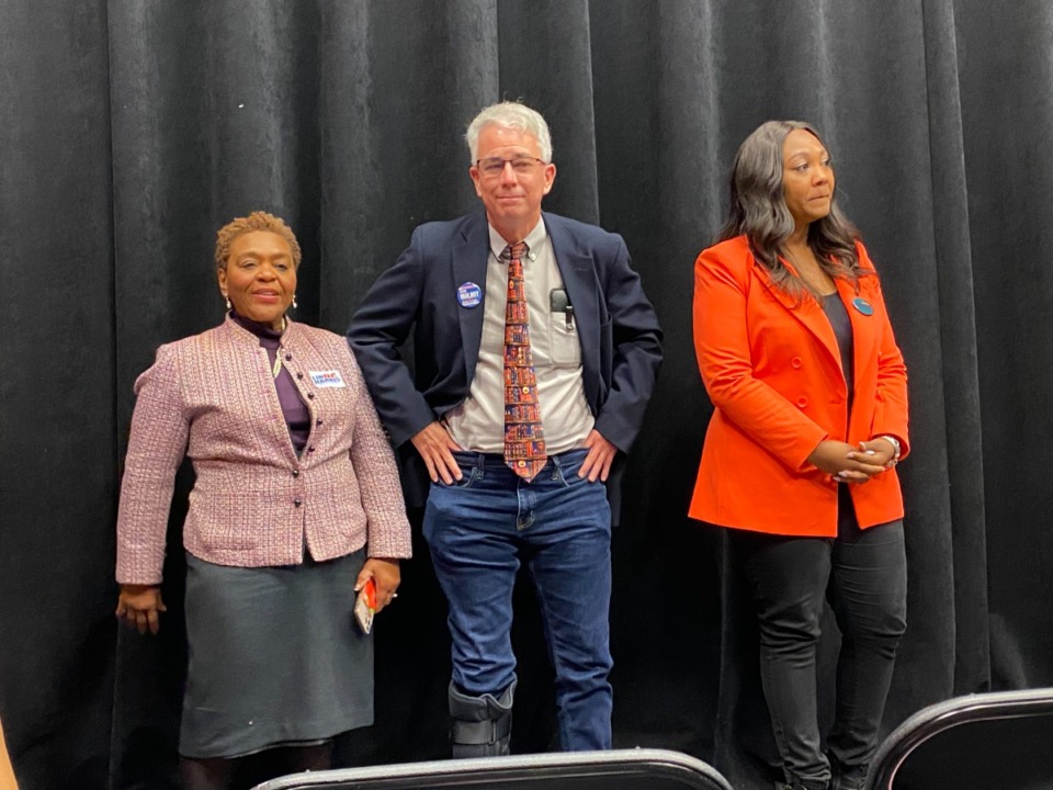 <strong>Democratic contenders for district attorney Linda Harris (from left), Steve Mulroy and Janika White attended a&nbsp;&ldquo;Flip The DA&rdquo; rally at Hattiloo Theater this month. The winner in the May primary will advance to the August county general election ballot.</strong> (Bill Dries/Daily Memphian)