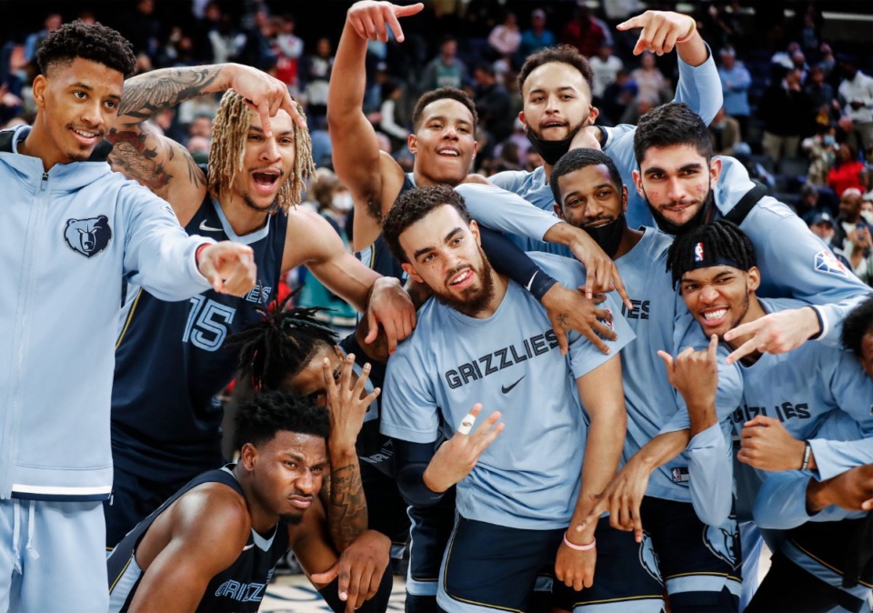 <strong>Memphis Grizzlies teammates celebrate a 116-108 victory over the Minnesota Timberwolves on Jan. 13. The Grizzlies will again face the Timberwolves, this time in the first round of the NBA Playoffs.</strong> (Mark Weber/The Daily Memphian file)