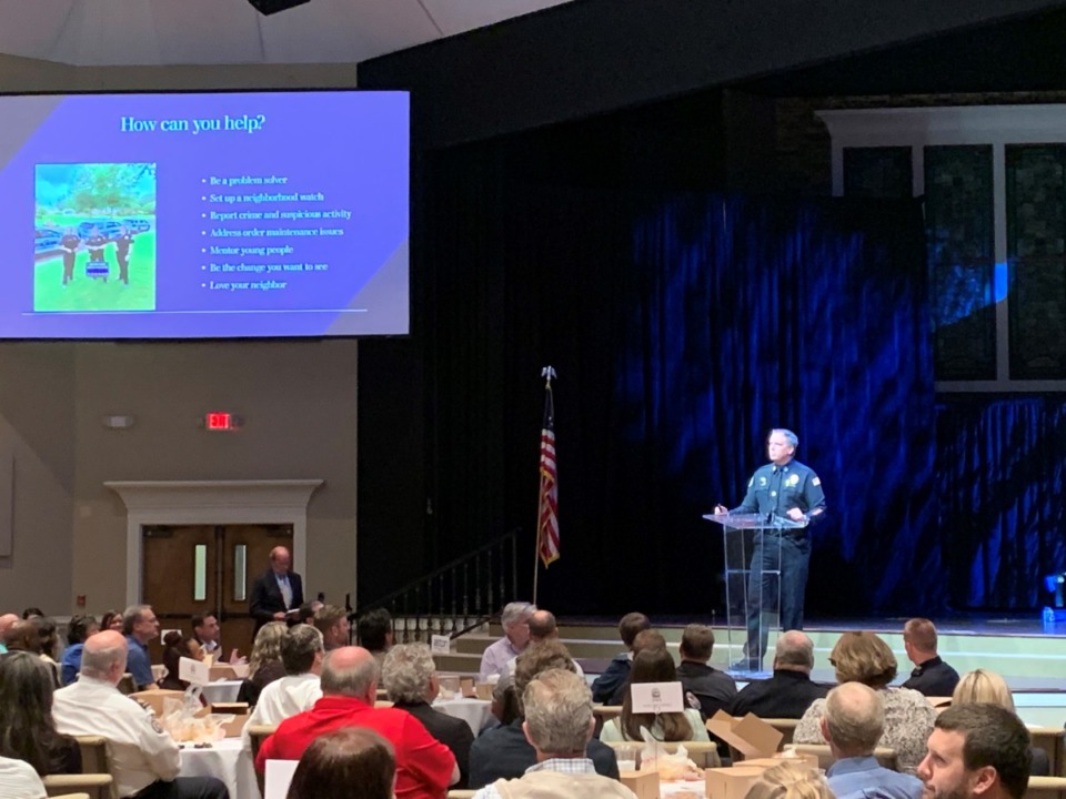 <strong>Collierville Police Chief Dale Lane speaks at Collierville&rsquo;s Chamber of Commerce Wednesday, April 13. Lane was appointed to his position nearly two years ago.</strong> (Abigail Warren/The Daily Memphian)