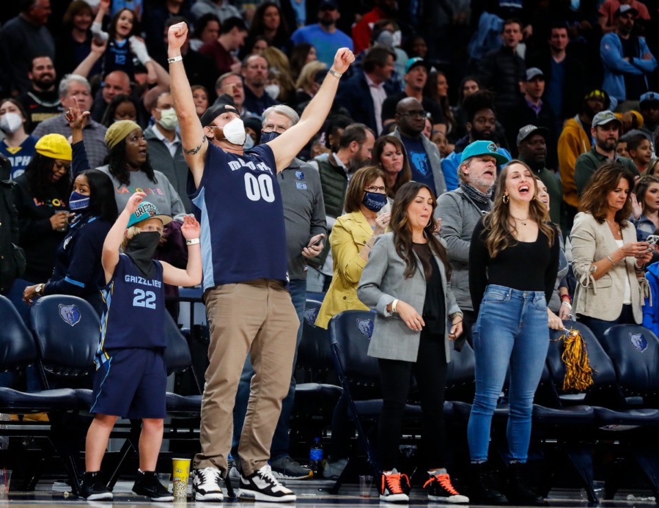 <strong>Memphis Grizzlies fans celebrate a 116-108 victory over the Minnesota Timberwolves on Thursday, Jan. 13, 2022.</strong> (Mark Weber/Daily Memphian file)