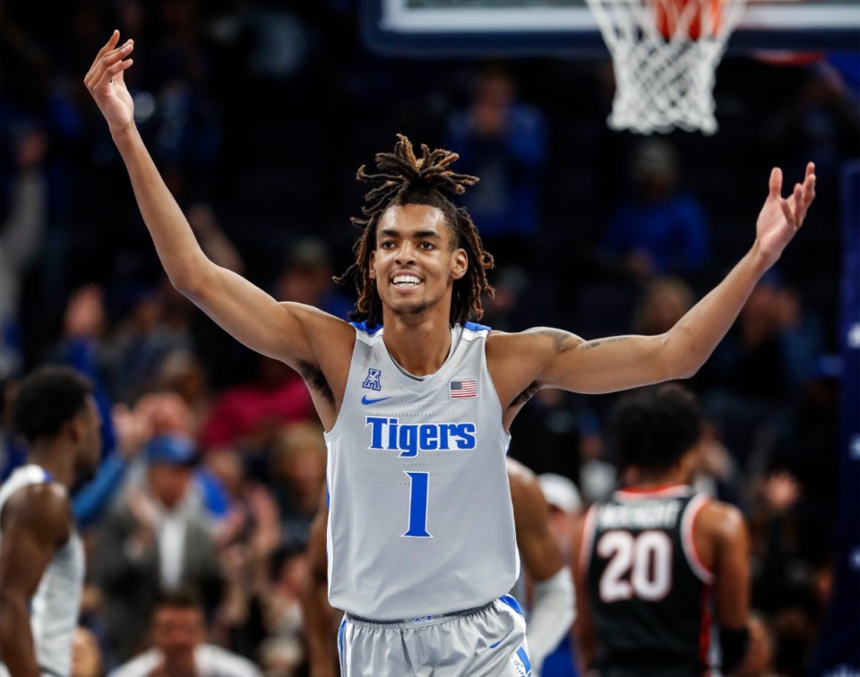 <strong>Memphis Tigers guard Emoni Bates celebrates a 3-point basket against Western Kentucky University during action on Friday, Nov. 19, 2021. Bates is the latest Tiger to enter the transfer portal.</strong>&nbsp;(Mark Weber/The Daily Memphian)