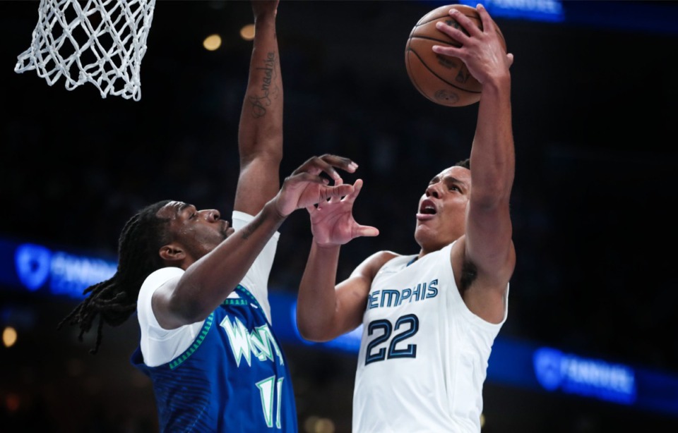 <strong>Memphis Grizzlies guard Desmond Bane goes up for a layup during the playoff game against the Minnesota Timberwolves.</strong> (Patrick Lantrip/Daily Memphian)