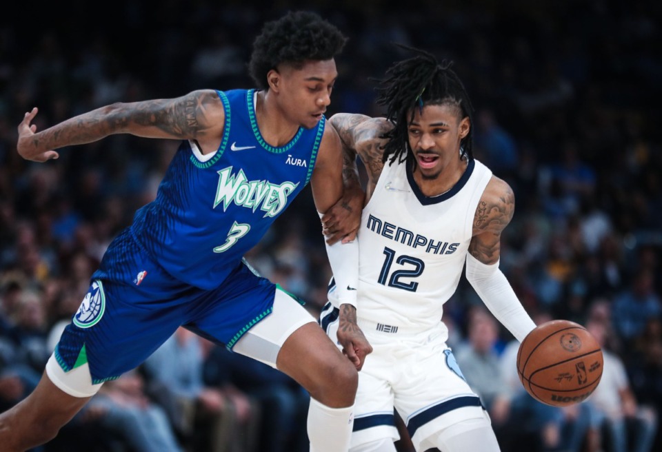 <strong>Memphis Grizzlies guard Ja Morant (12) brings the ball up the court during a playoff game against the Minnesota Timberwolves.</strong> (Patrick Lantrip/Daily Memphian)