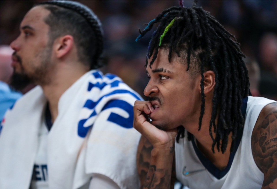 <strong>Memphis Grizzlies Ja Morant looks on from the sidelines during an Apr. 16, 2022 playoff game against the Minnesota Timberwolves.</strong> (Patrick Lantrip/Daily Memphian)