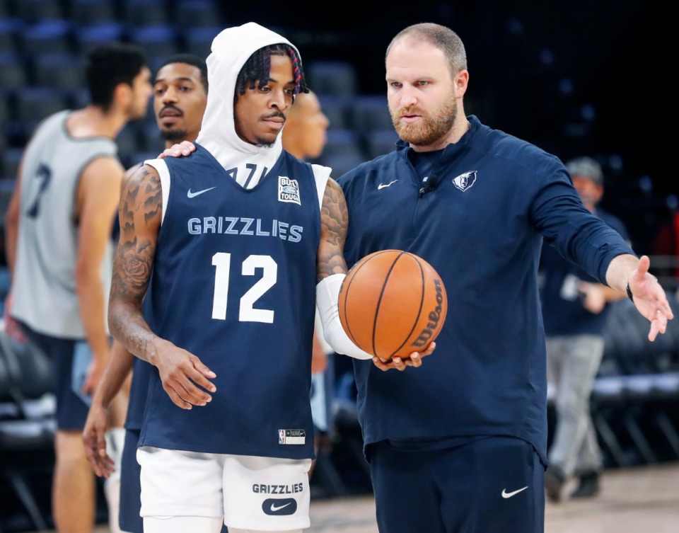 <strong>Memphis Grizzlies guard Ja Morant (left) talks with head coach Taylor Jenkins (right) during open practice on Sunday, Oct. 3, 2021.</strong> (Mark Weber/The Daily Memphian)