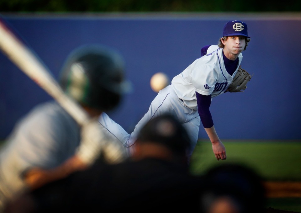 <strong>CBHS pitcher Riley Goodman throws to a Briarcrest batter on Monday, April 18, 2022.</strong> (Mark Weber/The Daily Memphian)