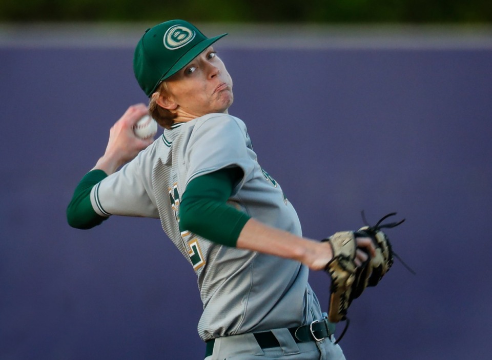 <strong>Briarcrest pitcher Matthew Dallas throws against CBHS on Monday, April 18, 2022.</strong> (Mark Weber/The Daily Memphian)