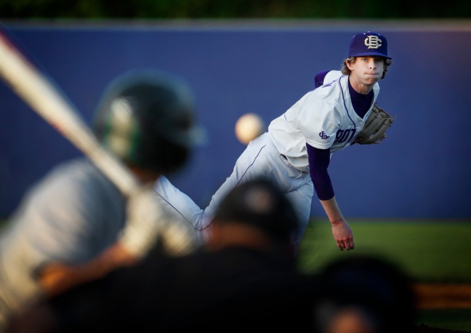 <strong>CBHS pitcher Riley Goodman makes a throw to home plate during action against Briarcrest on Monday, April 18, 2022.</strong> (Mark Weber/The Daily Memphian)