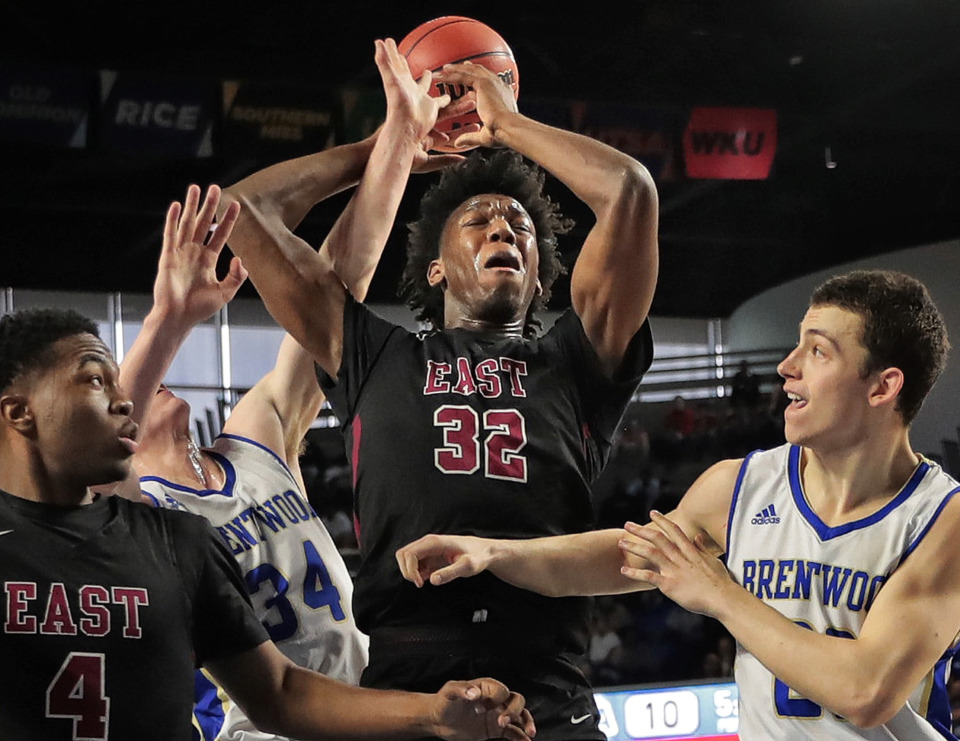 <strong>East High School's James Wiseman (32) is fouled while taking a shot during East's TSSAA Class AAA semifinal game against Brentwood at MTSU in Murfreesboro on March 15, 2019.</strong> (Jim Weber/Daily Memphian)