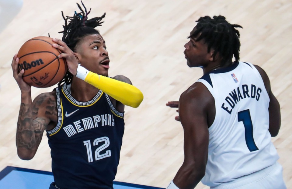 <strong>Memphis Grizzlies guard Ja Morant (12) goes up for a lay up during an April 19&nbsp; playoff game against the Minnesota Timberwolves at FedExForum.</strong> (Patrick Lantrip/Daily Memphian)