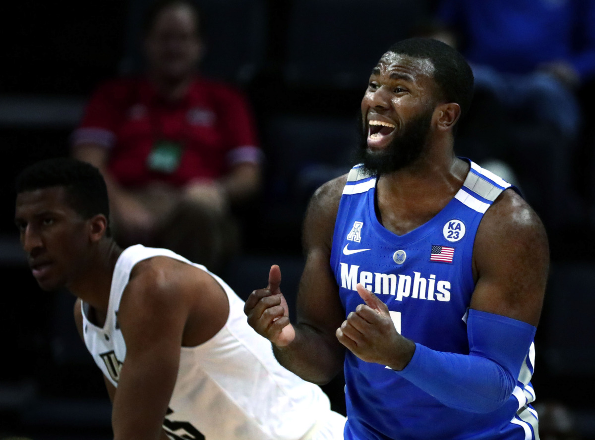 <strong>University of Memphis forward Raynere Thornton (4) reacts to a foul call by the referee&nbsp;</strong><span class="s1"><strong>during an AAC tournament game against UCF on Friday, March 15, 2019, at FedExForum in Memphis. </strong>(Houston Cofield/Daily Memphian)</span>