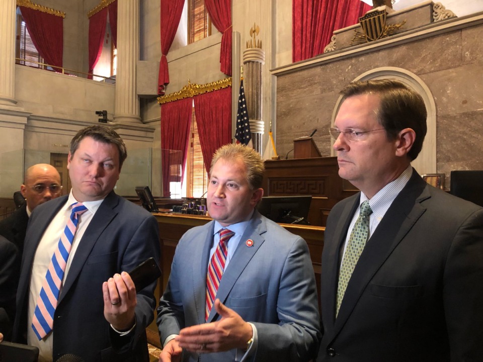 <strong>Rep. William Lamberth (center), the House majority leader, speaks at a press conference in January with House Speaker Cameron Sexton (right). Doug Kufner, Sexton&rsquo;s spokesman, stands at left.</strong> (Ian Round/The Daily Memphian file)