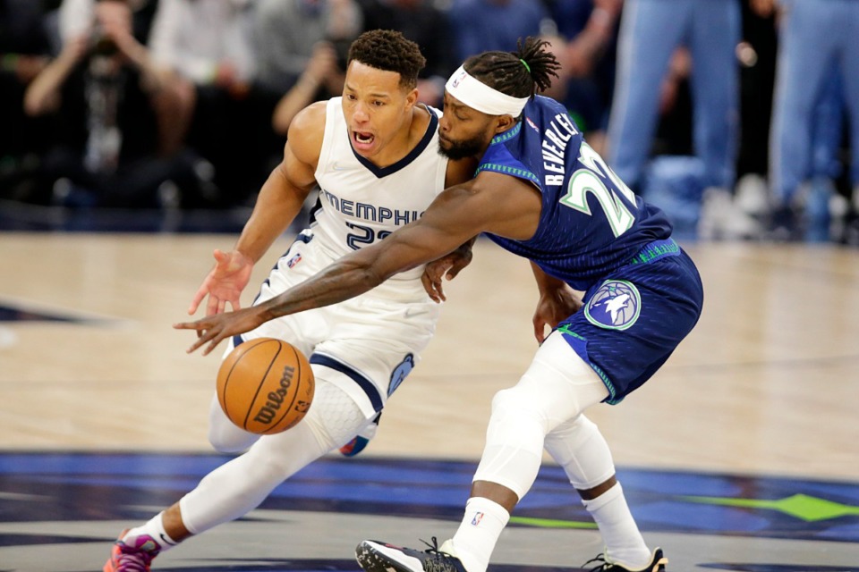 <strong>Minnesota Timberwolves guard Patrick Beverley (22) steals the ball from Memphis Grizzlies guard Desmond Bane (22) on April 21, 2022, in Minneapolis.&nbsp;&ldquo;We lost our juice,&rdquo; Bane said of going down by more than 20 twice. &ldquo;We were kind of deflated.&rdquo;</strong> (Andy Clayton-King/AP)