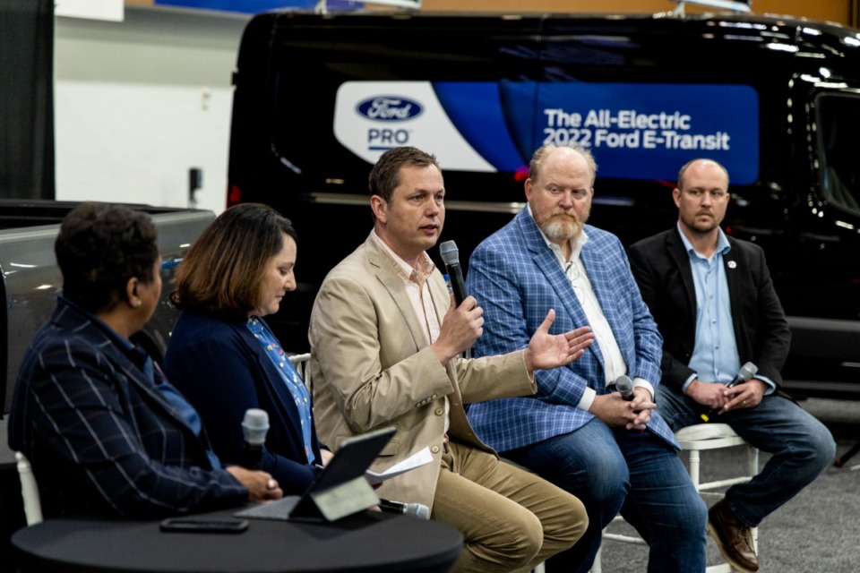 <strong>Ben West, of the University of Tennessee, talks during the Ford Motor Co. Earth Day panel discussion, &ldquo;The Blue Oval City Watershed: A Hands-On STEM Classroom for the Next Generation&rdquo; during the Memphis International Auto Show.</strong> (Brad Vest/Special To The Daily Memphian)