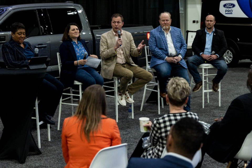 <strong>Ben West, of the University of Tennessee, center, talks during the Ford Motor Co. Earth Day panel discussion, &ldquo;The Blue Oval City Watershed: A Hands-On STEM Classroom for the Next Generation&rdquo; during the Memphis International Auto Show.</strong> (Brad Vest/Special To The Daily Memphian)