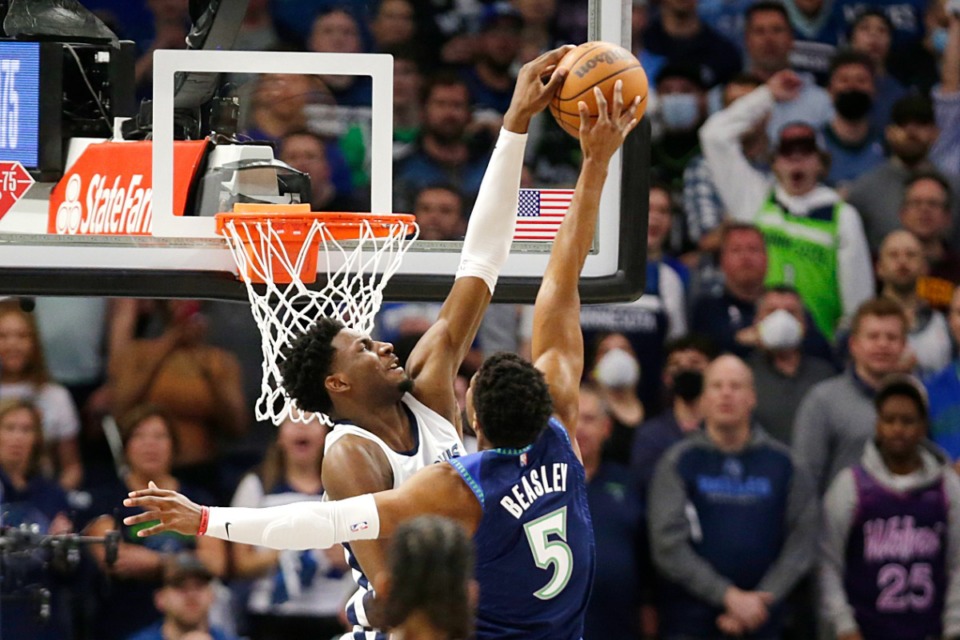 <strong>Minnesota Timberwolves guard Malik Beasley (5) has his dunk attempt blocked by Memphis Grizzlies forward Jaren Jackson Jr. during the first half of Game 3 of an NBA basketball first-round playoff series Thursday, April 21, 2022, in Minneapolis.</strong> (AP Photo/Andy Clayton-King)
