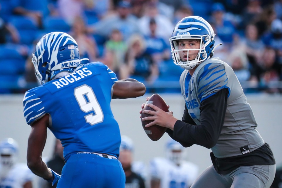 <strong>University of Memphis quarterback Grant Gunnell (7) looks for a receiver during the Tigers&rsquo; spring game on April 22, 2022.</strong> (Patrick Lantrip/Daily Memphian)