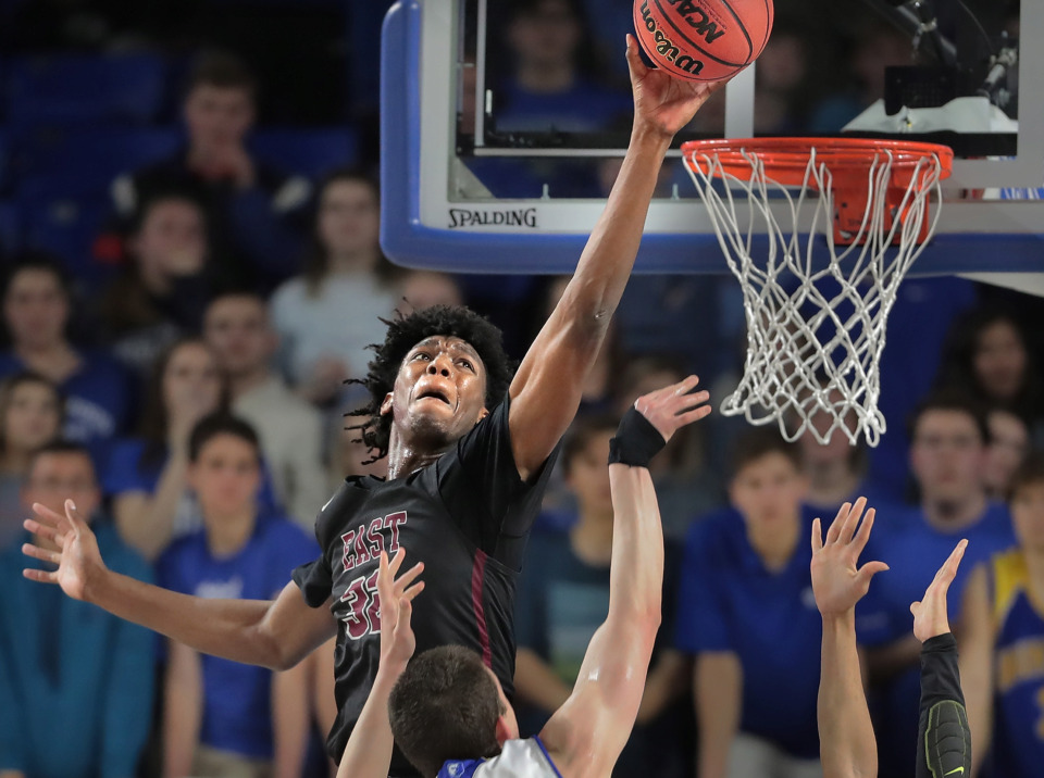 <strong>East's James Wiseman (32) is fouled while making a shot during East High School's TSSAA Class AAA semifinal game against Brentwood at MTSU in Murfreesboro on March 15, 2019.</strong> (Jim Weber/Daily Memphian)