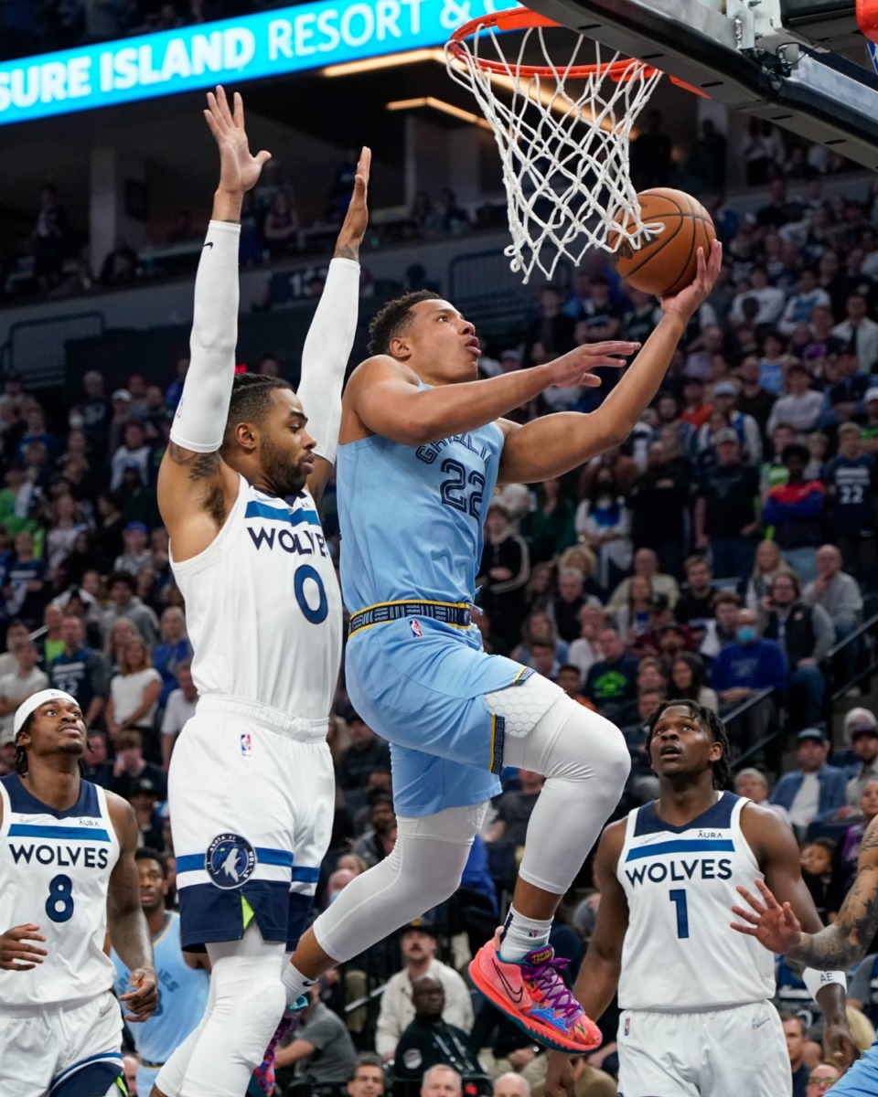 <strong>Memphis Grizzlies forward Desmond Bane (right,) goes up for a shot past Minnesota Timberwolves guard D'Angelo Russell during the first half in Game 4 of an NBA basketball first-round playoff series Saturday, April 23, 2022, in Minneapolis.</strong> (AP Photo/Craig Lassig)