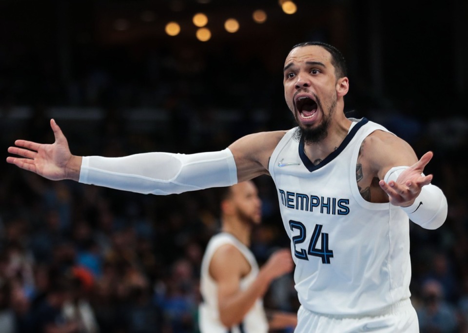 <strong>Memphis Grizzlies guard Dillon Brooks (24) reacts to a call during Game 2 of the playoffs Saturday, April 16at FedExForum.</strong> (Patrick Lantrip/Daily Memphian)