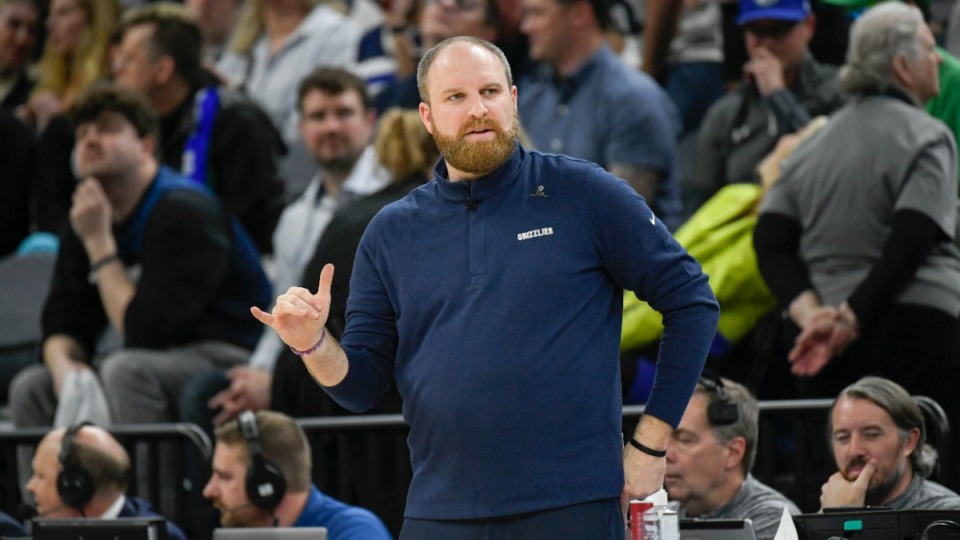 <strong>Memphis Grizzlies head coach Taylor Jenkins in action against Minnesota Timberwolves during the first half in Game 4 of an NBA basketball first-round playoff series Saturday, April 23, 2022, in Minneapolis. The Timberwolves win 119-118.</strong> (AP Photo/Craig Lassig)