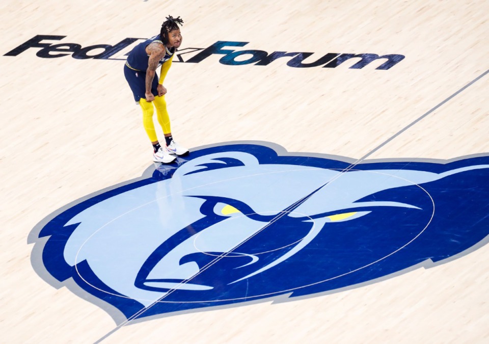<strong>Memphis Grizzlies guard Ja Morant pauses during the game against the Minnesota Timberwolves</strong>&nbsp;<strong>on Tuesday, April 26, 2022, at FedExForum.</strong> (Mark Weber/The Daily Memphian)