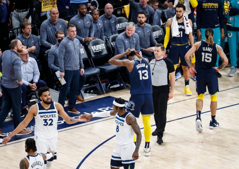 <strong>Memphis Grizzlies center Jaren Jackson Jr. (middle) reacts after fouling out against the Minnesota Timberwolves on Tuesday, April 26, 2022.</strong> (Mark Weber/The Daily Memphian)