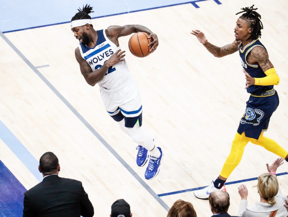 <strong>Memphis Grizzlies guard Ja Morant (right) looks on as Minnesota&rsquo;s Patrick Beverley (left) takes the ball out of bounds on Tuesday, April 26, 2022.</strong> (Mark Weber/The Daily Memphian)