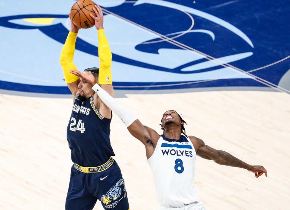 <strong>Memphis Grizzlies guard Dillon Brooks (left) grabs a loose ball in front of Minnesota&rsquo;s Jarred Vanderbilt (right) on Tuesday, April 26, 2022.</strong> (Mark Weber/The Daily Memphian)