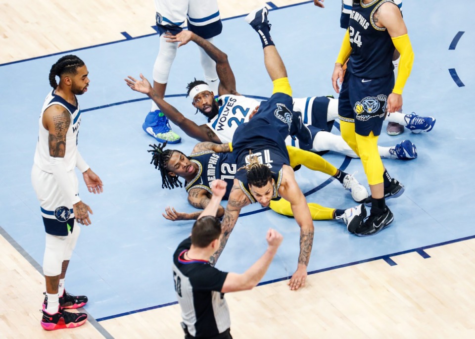 <strong>Minnesota Timberwolves guard Patrick Beverley (top) looks on as an official calls him for a sixth foul against the Memphis Grizzlies on Tuesday, April 26, 2022.</strong> (Mark Weber/The Daily Memphian)