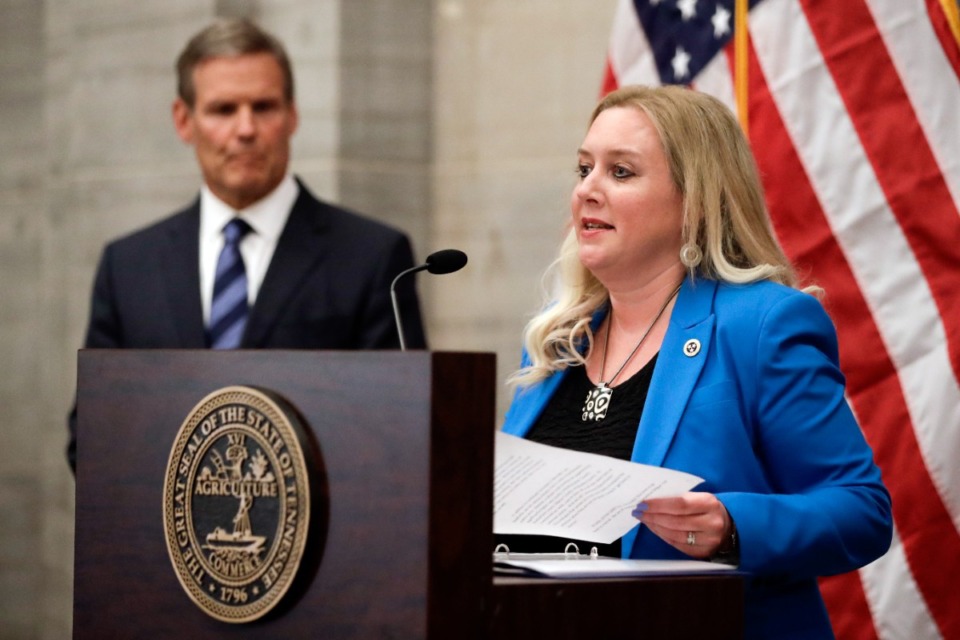 <strong>Dr. Lisa Piercey (right, in a file photo with Gov. Bill Lee) is stepping down from her post as Tennessee Health Commissioner, Lee announced Thursday, April 28.</strong> (AP Photo/Mark Humphrey)