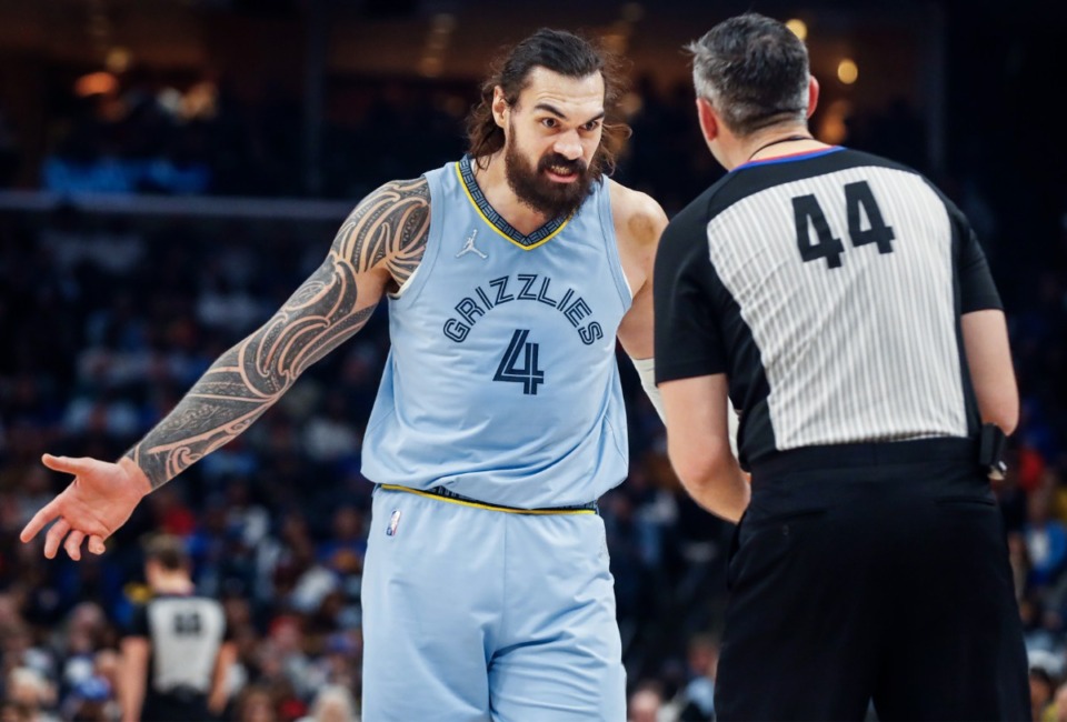 <strong>Memphis Grizzlies center Steven Adams reacts to an officials foul call during action against the Golden State Warriors. Adams will be out of Game 6 in the first round of the NBA Playoffs.</strong>(Mark Weber/The Daily Memphian)