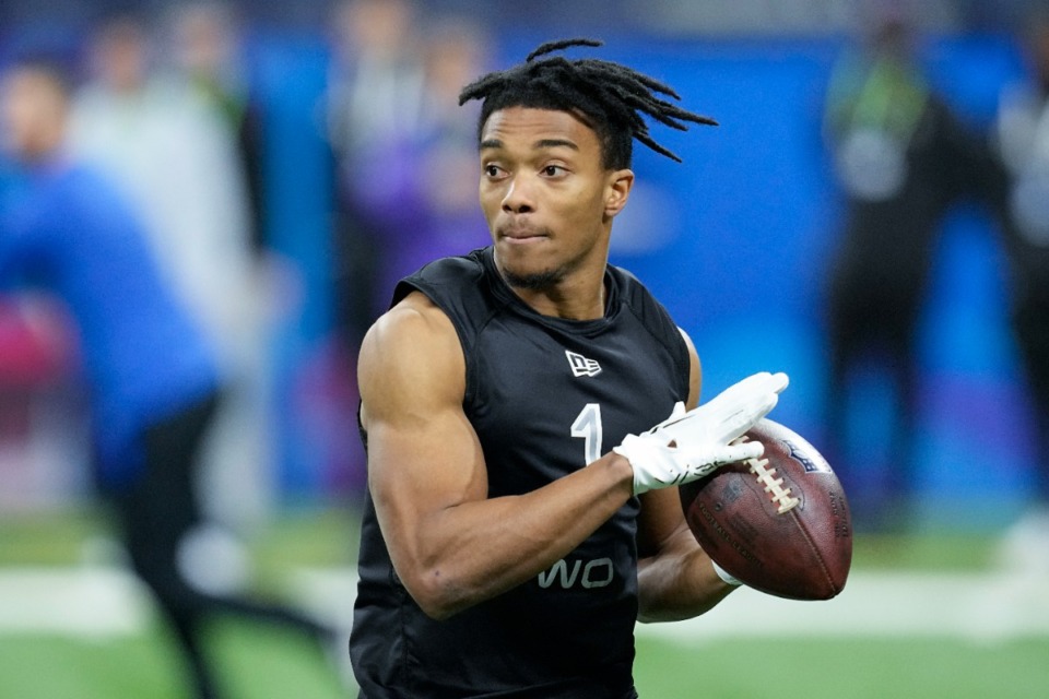 <strong>Memphis wide receiver Calvin Austin III runs a drill during the NFL football scouting combine, Thursday, March 3, 2022, in Indianapolis. Austin was selected Saturday by the </strong><strong>Pittsburgh Steelers in the fourth round of the 2022 NFL draft. </strong>(AP Photo/Darron Cummings)