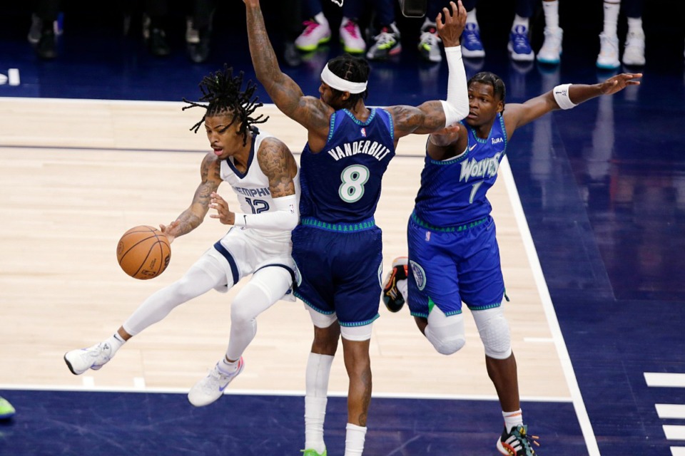 <strong>Memphis Grizzlies guard Ja Morant (12) look to pass around Minnesota forwards Jarred Vanderbilt (8) and Anthony Edwards (1) in Game 6 on April 29, 2022, in Minneapolis.</strong> (Andy Clayton-King/AP)
