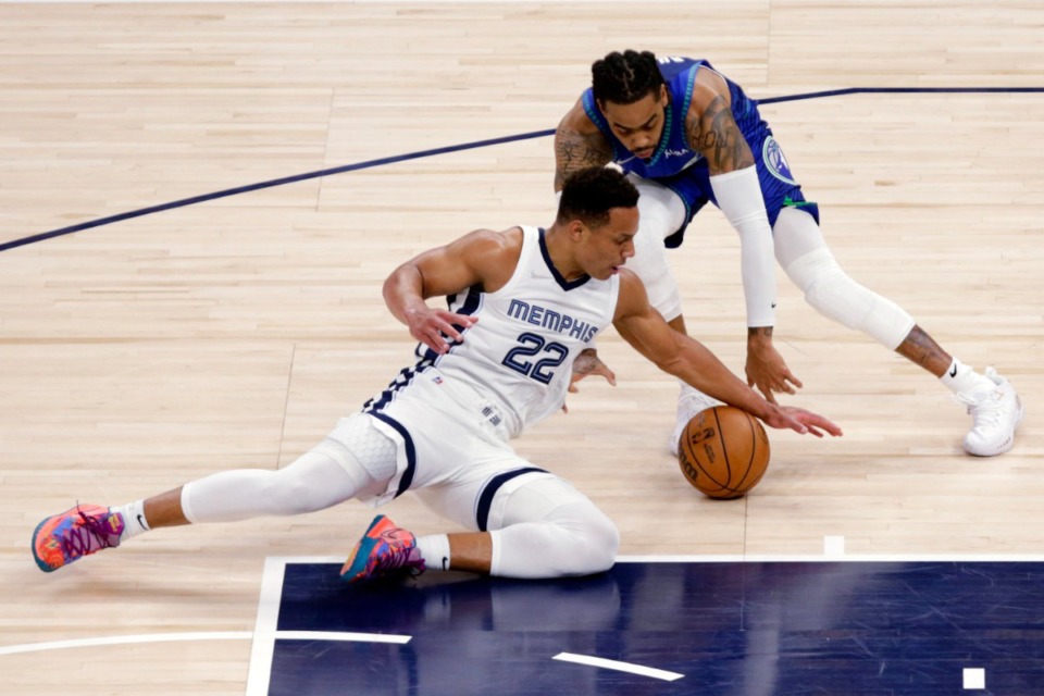 <strong>Memphis Grizzlies guard Desmond Bane (22) reaches for the ball against Minnesota guard D'Angelo Russell (0) in Game 6 on April 29, 2022, in Minneapolis.</strong> (Andy Clayton-King/AP)