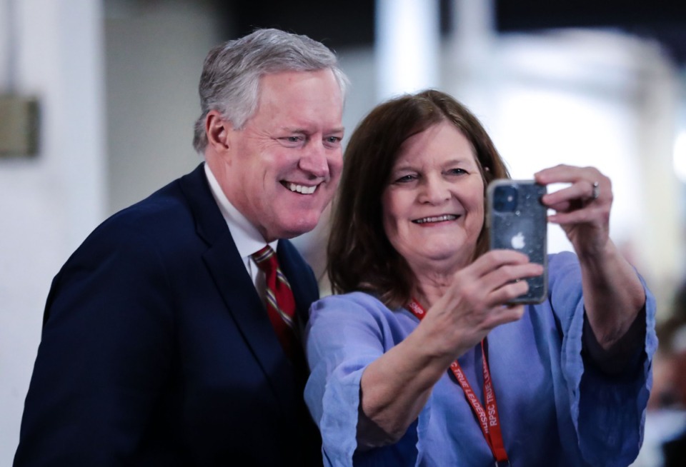 <strong>Former White House chief of staff Mark Meadows stops for a selfie at the Shelby County Republican Party's annual Lincoln Day Dinner on April 29, 2022.</strong> (Patrick Lantrip/Daily Memphian)