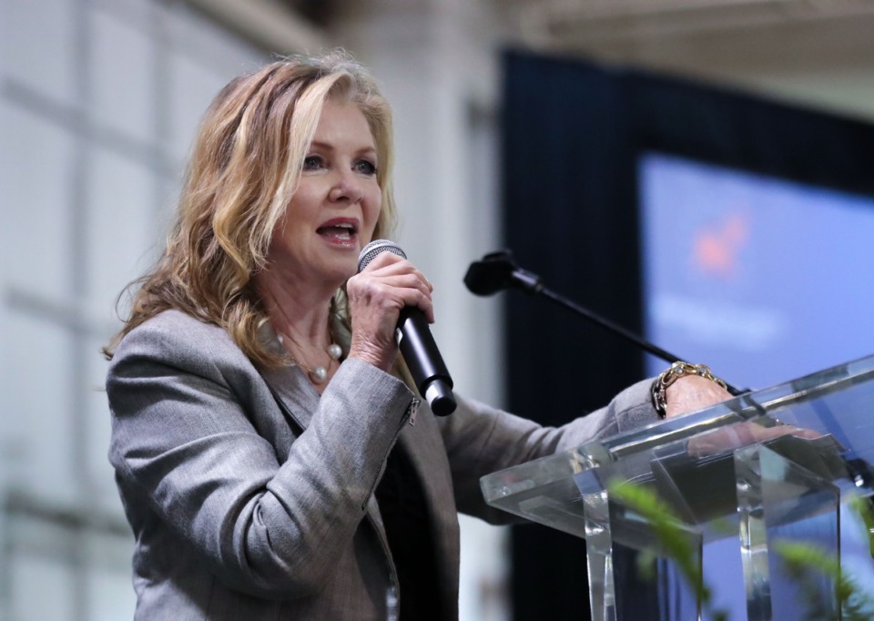 <strong>U.S. Sen. Marsha Blackburn addresses the Shelby County Republican Party's annual Lincoln Day Dinner on April 29, 2022.</strong> (Patrick Lantrip/Daily Memphian)