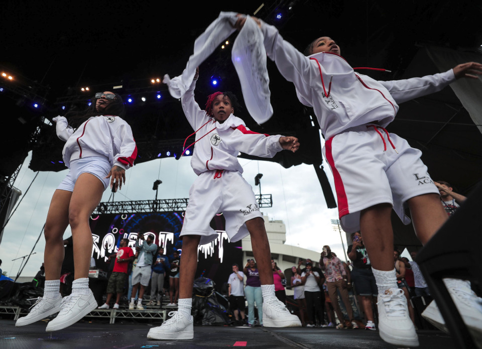 <strong>Dancers get the crowd hyped up while Project Pat plays at Beale Street Music Fest at Liberty Park, April 30, 2022.</strong> (Patrick Lantrip/Daily Memphian)