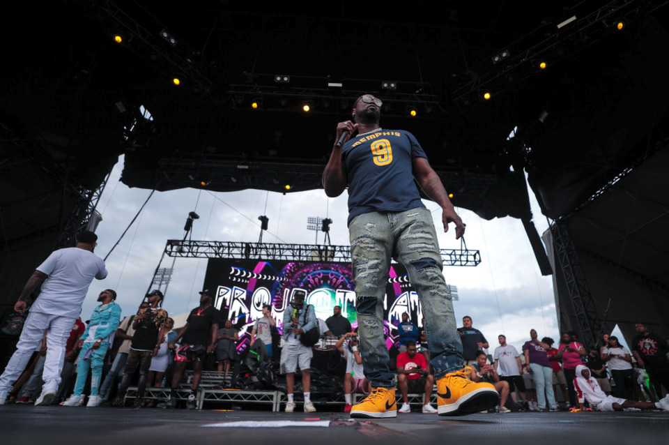 <strong>Project Pat works the crowd at Beale Street Music Fest at Liberty Park, April 30, 2022.</strong> (Patrick Lantrip/Daily Memphian)