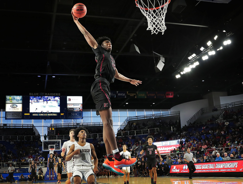 <strong>East High School's James Wiseman makes a breakaway dunk during East's TSSAA Class AAA state basketball finals game against Bearden at MTSU in Murfreesboro on March 16, 2019.</strong> (Jim Weber/Daily Memphian)