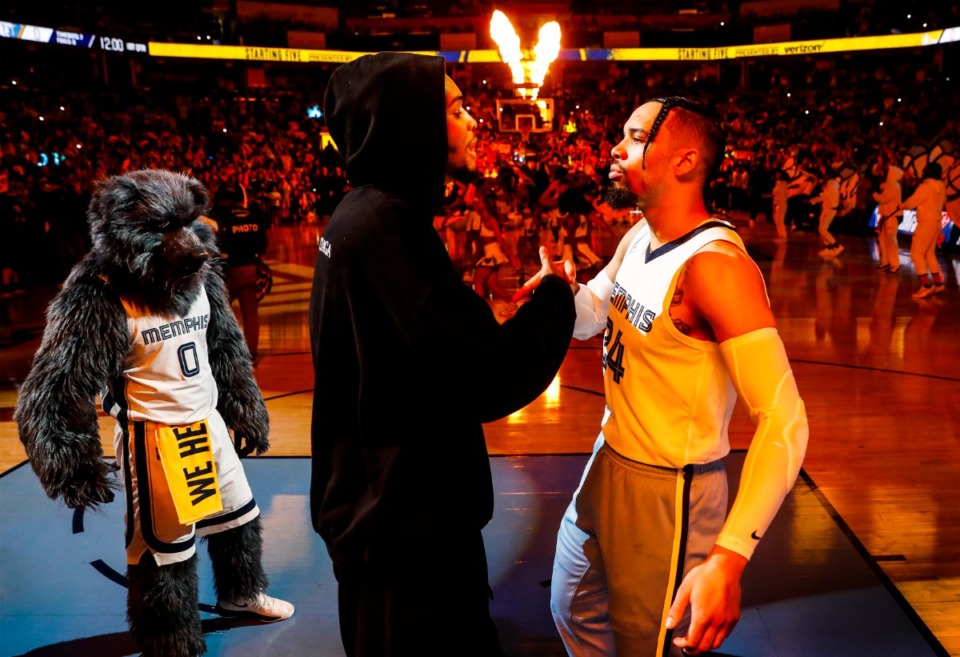 <strong>Memphis Grizzlies teammates Ziaire Williams (left) and Dillon Brooks (right) celebrate during player introductions before taking on the Golden State Warriors on Sunday, May 1, 2022.</strong> (Mark Weber/The Daily Memphian)