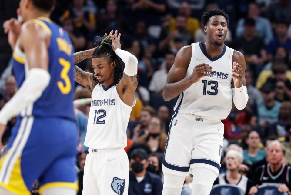 <strong>Memphis Grizzlies defender Jaren Jackson Jr., (right) reacts after being called for foul during action against the Golden State Warriors on Sunday, May 1, 2022.</strong> (Mark Weber/The Daily Memphian)